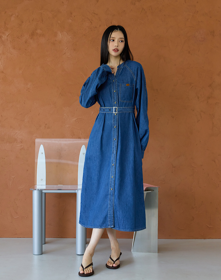 WASHED DENIM LONG-SLEEVE DRESS WITH GOLD BUTTONS