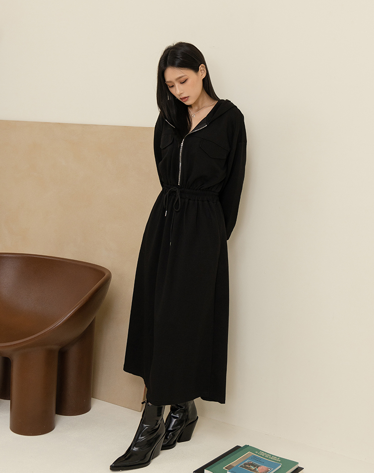 ZIPPERED DRAWSTRING HOODED DRESS