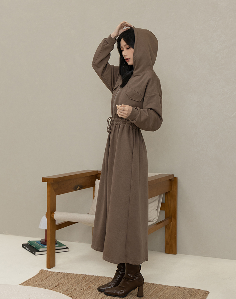 ZIPPERED DRAWSTRING HOODED DRESS