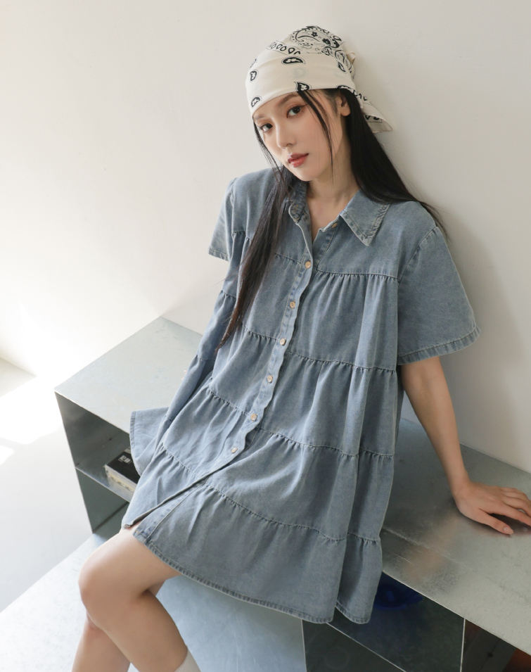 ELEGANT COLLARED WASHED DENIM TIERED DRESS