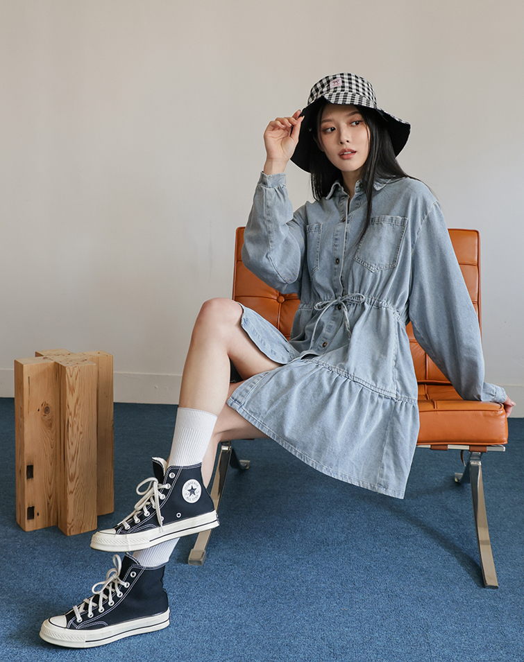 VERSATILE CINCHED WAIST DENIM TIERED DRESS