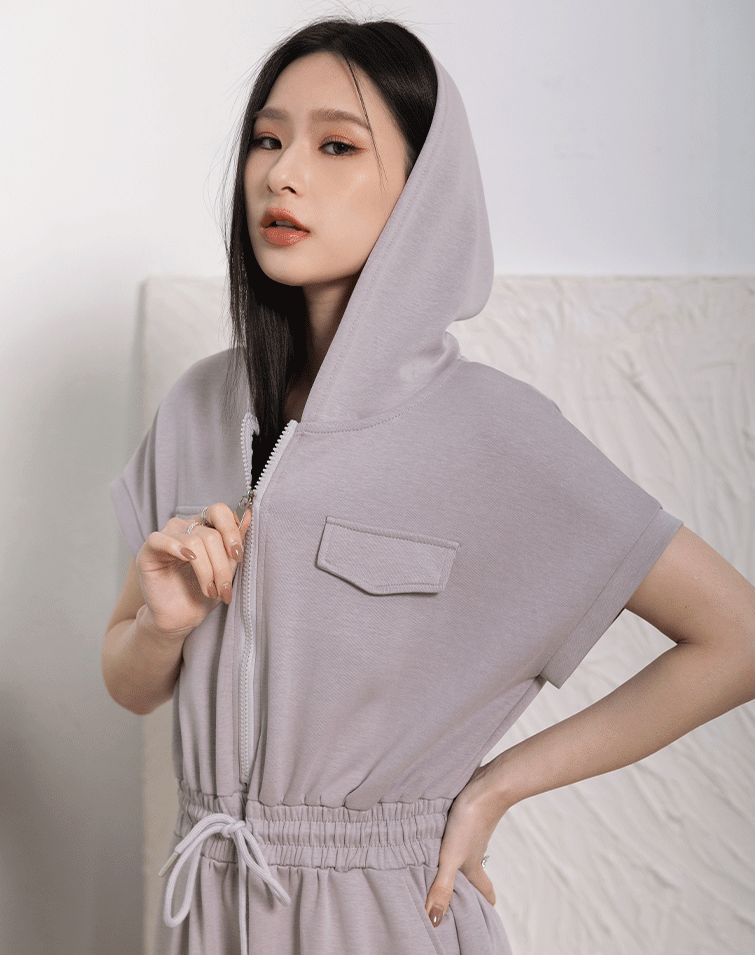 SOFT COTTON HOODED WAISTED MAXI DRESS