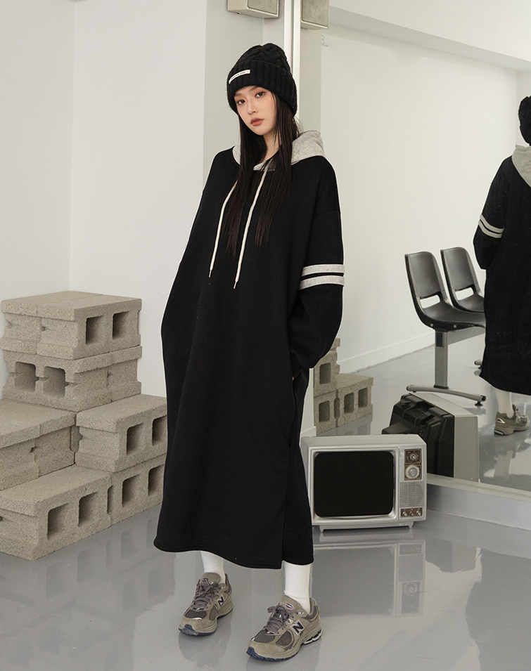 CASUAL COLORBLOCK FLEECE-LINED HOODED DRESS