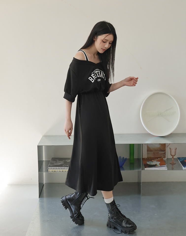 COLORBLOCK LETTER PRINT LAYERED SLIT MAXI DRESS