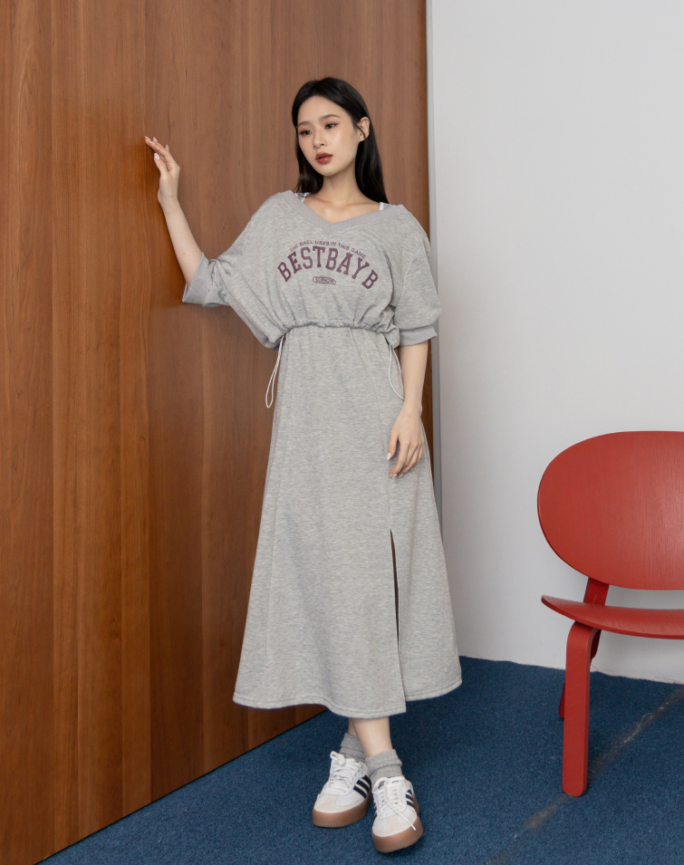 COLORBLOCK LETTER PRINT LAYERED SLIT MAXI DRESS