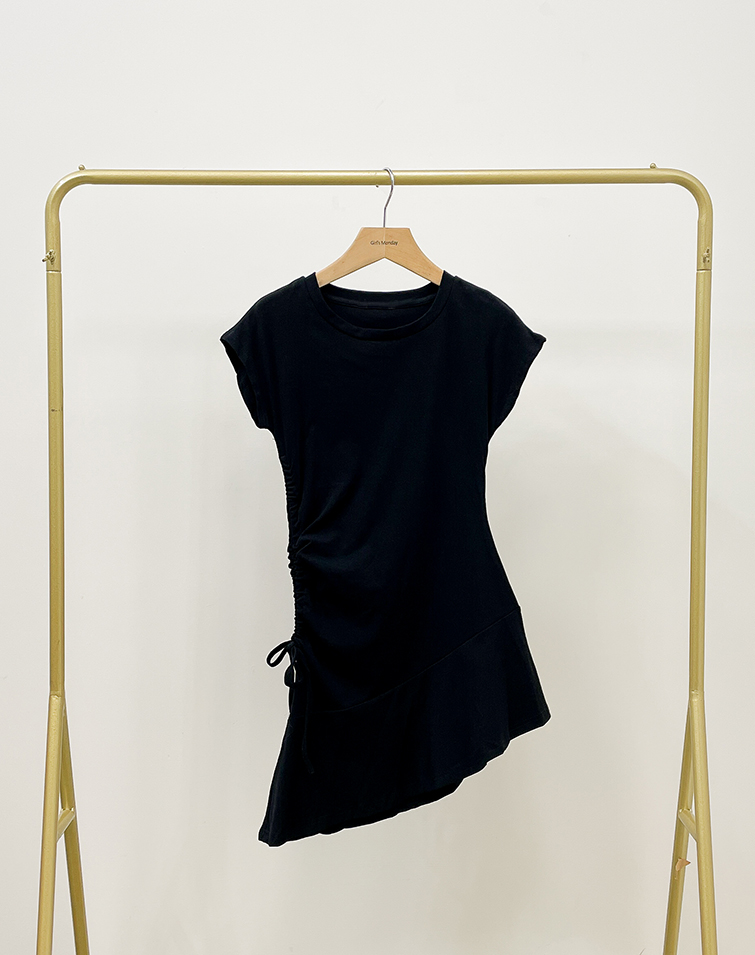 SIDE DRAWSTRING WAISTED CREW NECK DRESS