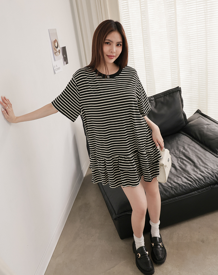 CONTRAST STRIPED FRILL MINI DRESS