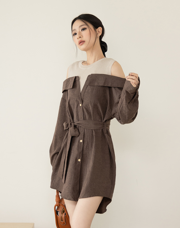 SUEDE-PANELLED FAUX 2-PIECE OFF-SHOULDER MINI DRESS