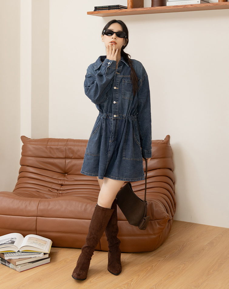 Washed Collared Waist-Defined Denim Dress