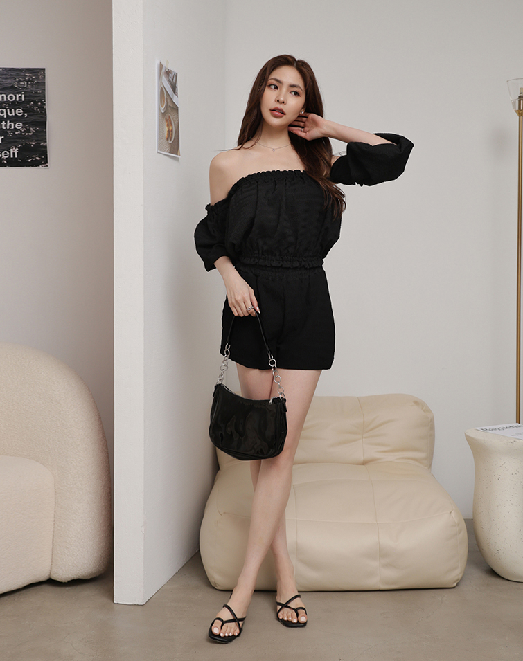 WAVY KNIT OFF-SHOULDER PUFF SLEEVE SET
