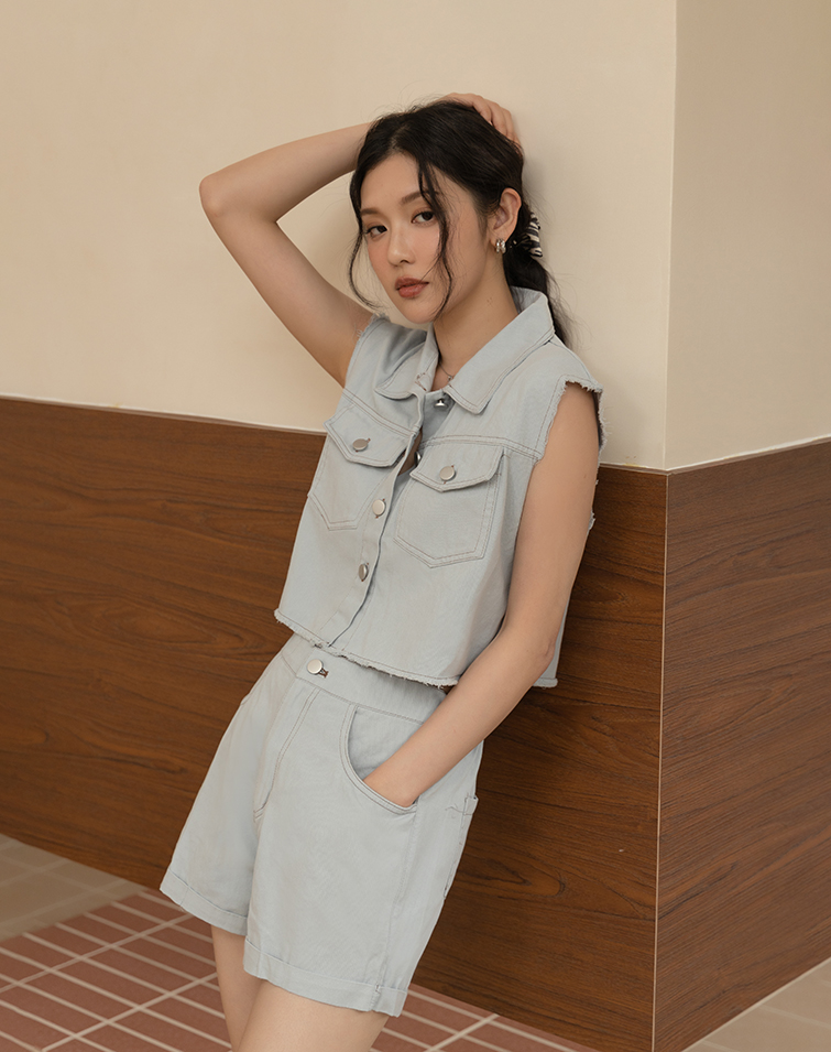 STREET-STYLE DENIM COLLARED VEST SET
