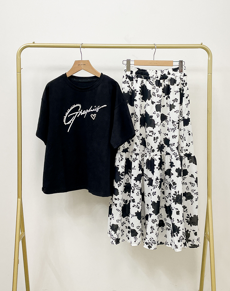 PEARL-SHIMMERING FLORAL PRINT LONG SKIRT SET