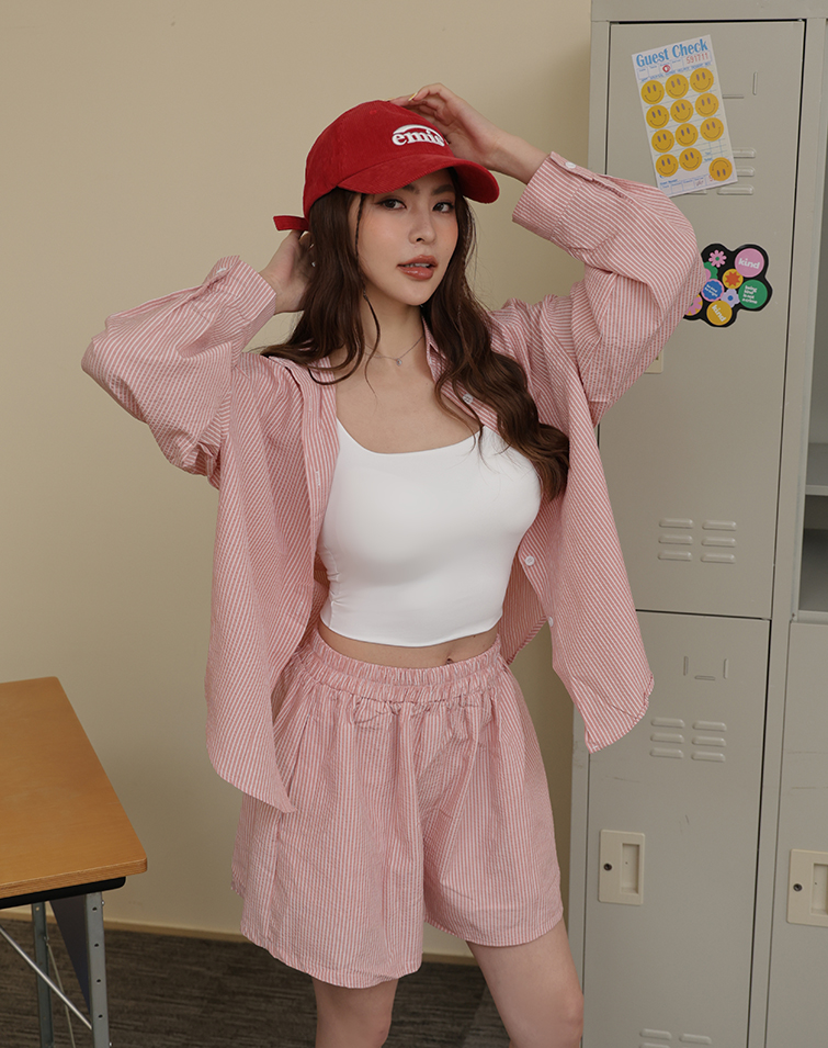 BUBBLE TEXTURE STRIPED SHIRT SET
