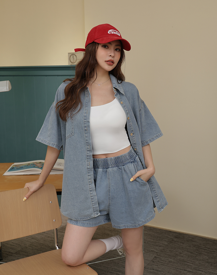 MINIMALIST COLLARED DENIM SHORTS SET