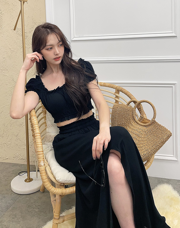 PUFF SLEEVE RUFFLE SLIT SKIRT SET