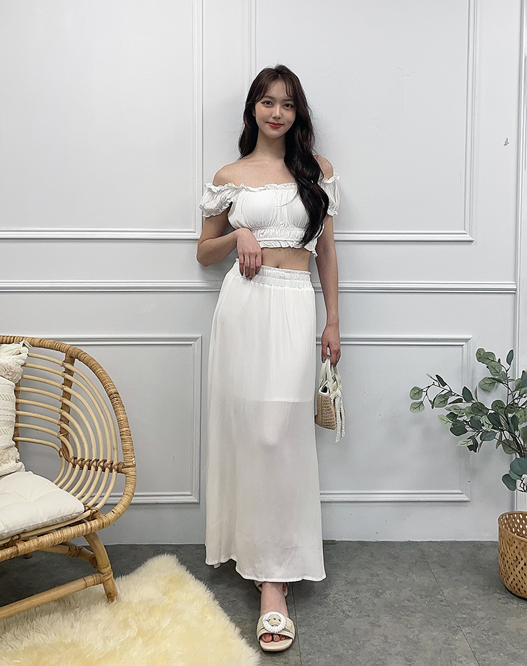 PUFF SLEEVE RUFFLE SLIT SKIRT SET