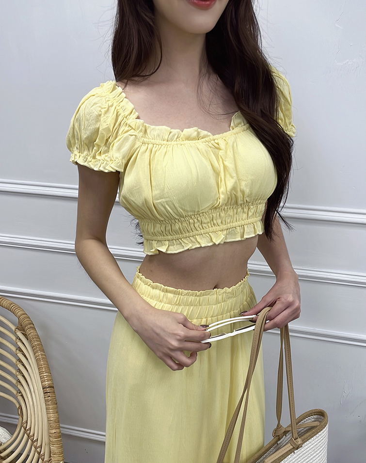 PUFF SLEEVE RUFFLE SLIT SKIRT SET