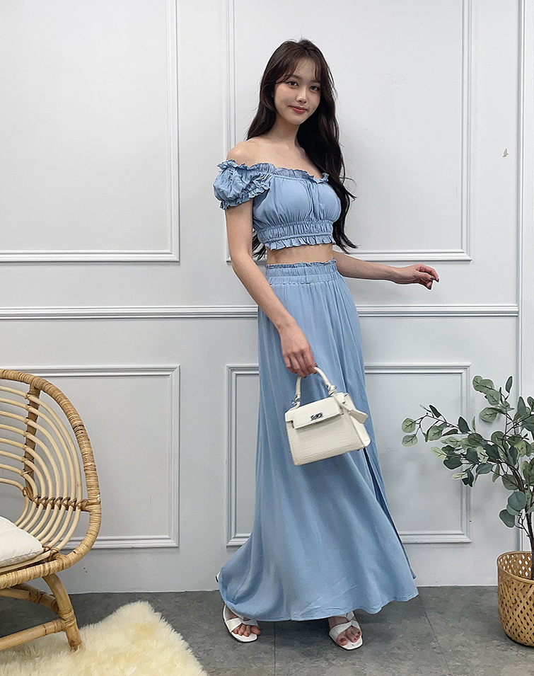 PUFF SLEEVE RUFFLE SLIT SKIRT SET