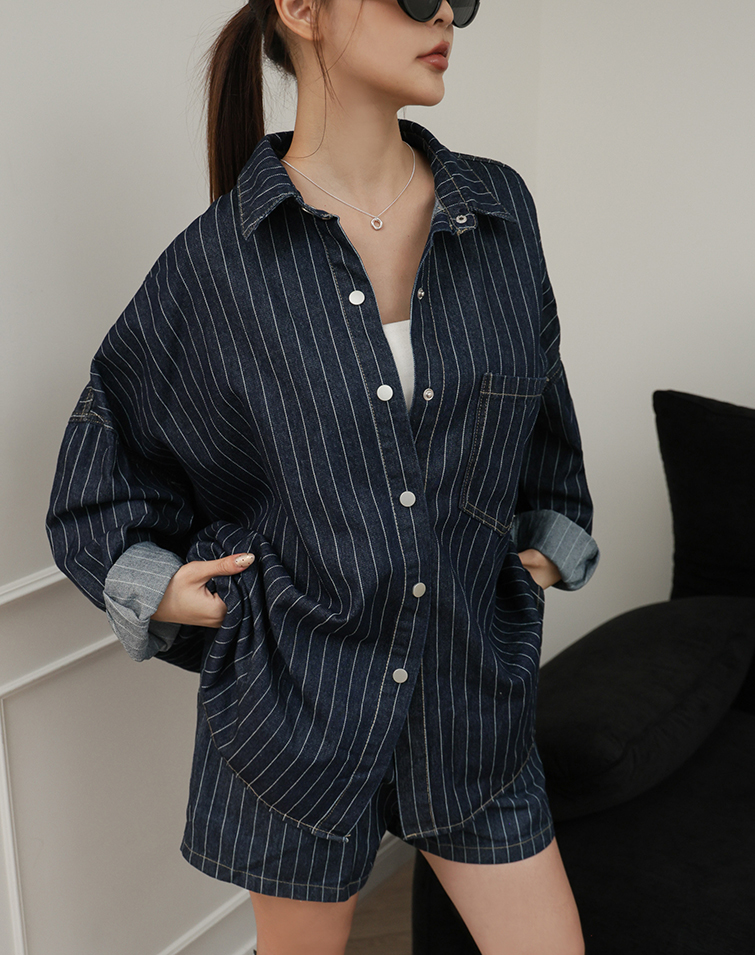 STRIPED DENIM SHORTS SET