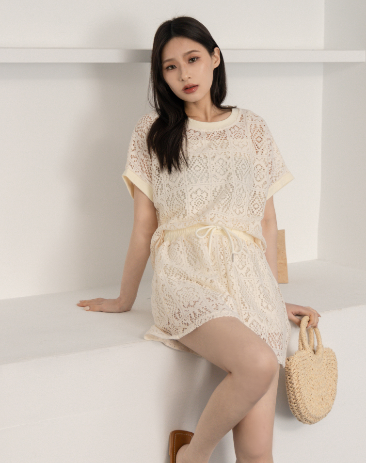FRENCH CHIC LACE EMBROIDERED SHORTS SET