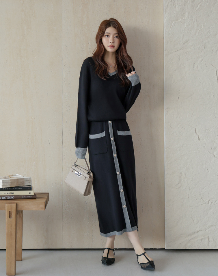 CONTRAST V-NECK 2-PIECE SET