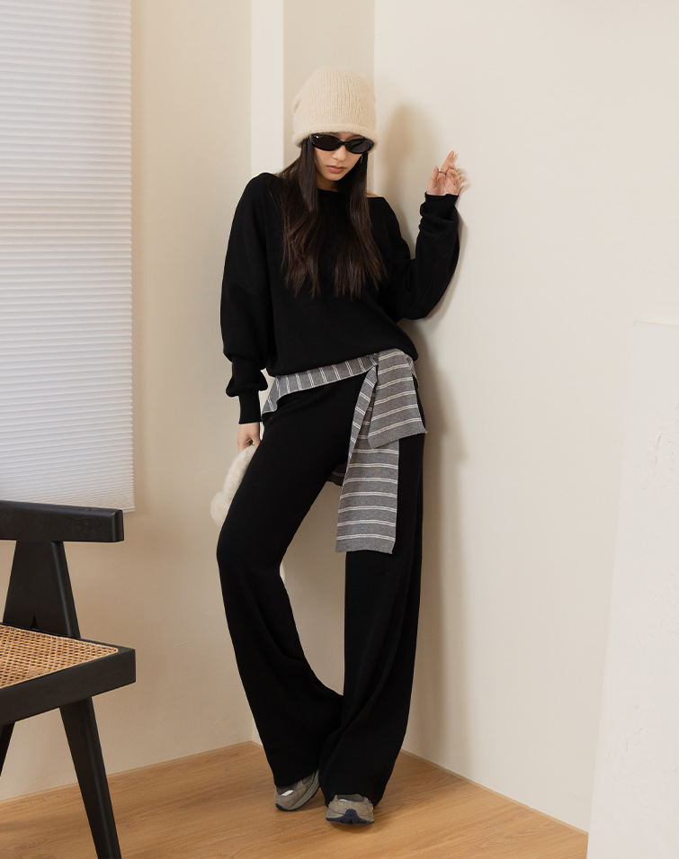 Soft Fine-Knit Boat-Neck Pants Set