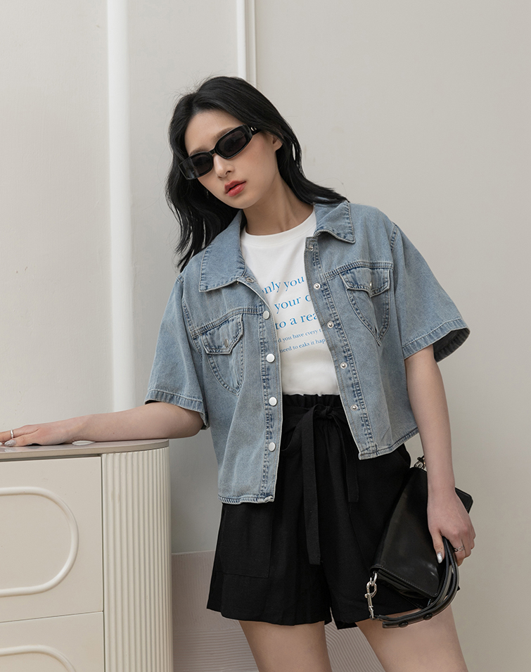 CHESTNUT-SHAPED POCKET DENIM SHORT-SLEEVE JACKET