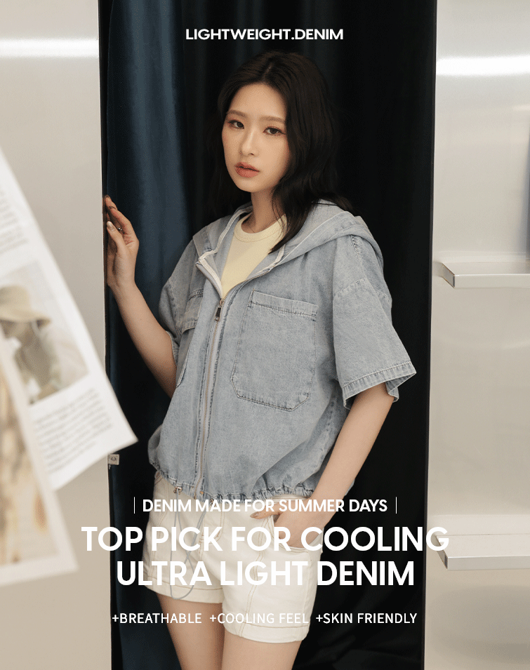 PLEATED SHORT-SLEEVE DENIM HOODED JACKET