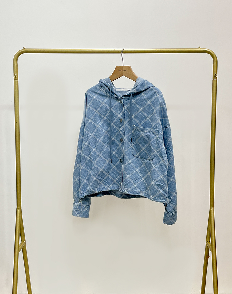 FADED CHECKERED DENIM HOODED JACKET