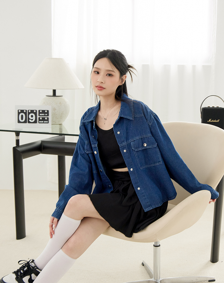 FASHIONABLE COLLARED DOUBLE-POCKET DENIM JACKET