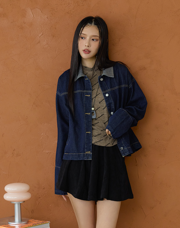 COLOR-BLOCK TOPSTITCH COLLAR DENIM JACKET