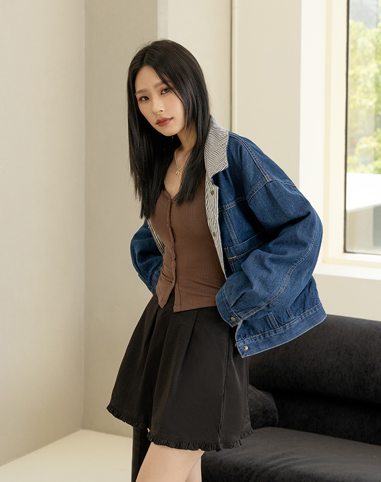STRIPED COLLAR PATCHWORK DENIM JACKET
