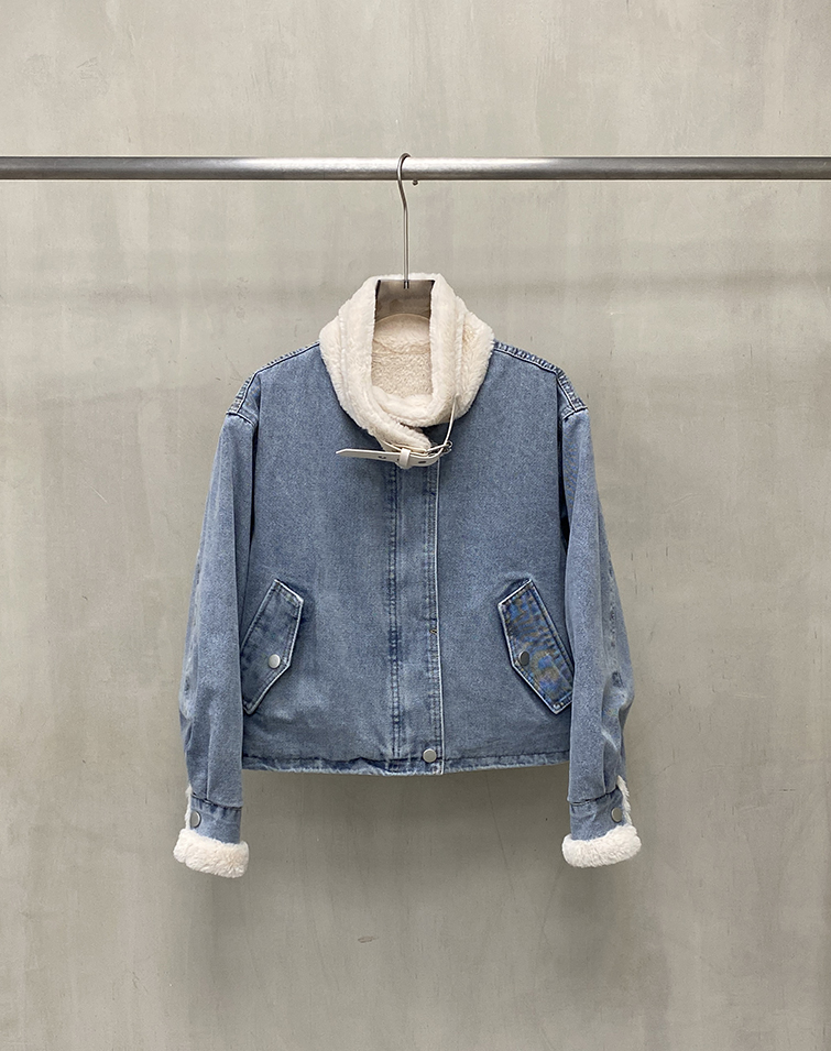 CREAMY FLEECE DENIM BELTED JACKET