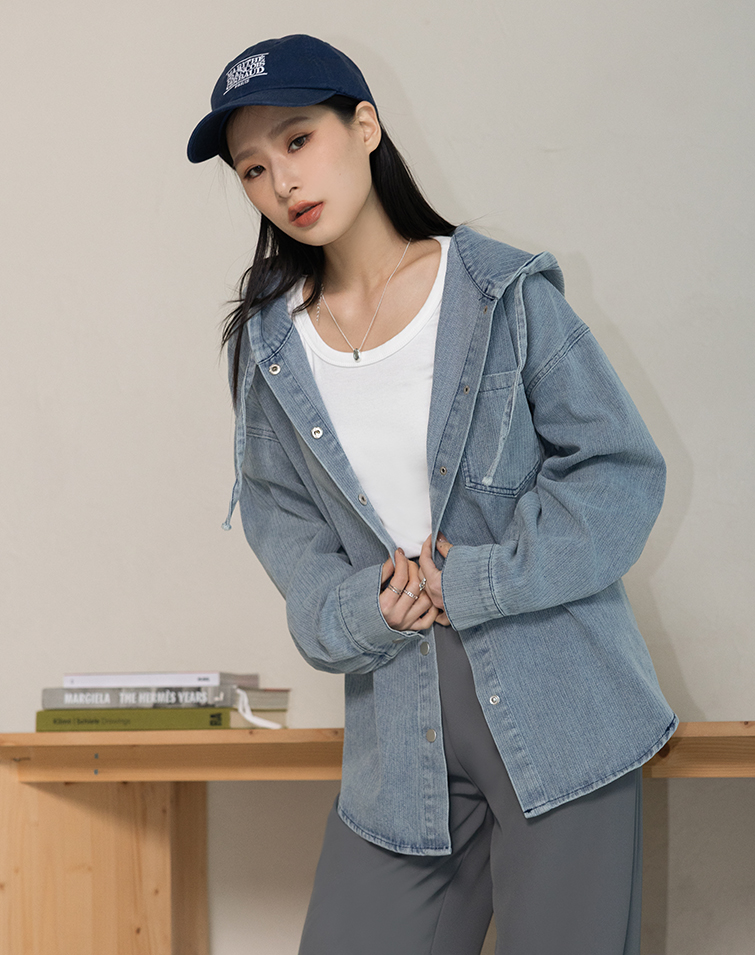 WASHED DENIM HOODED JACKET