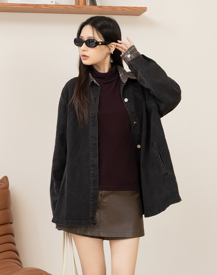 PLAID-COLLAR WASHED DENIM JACKET