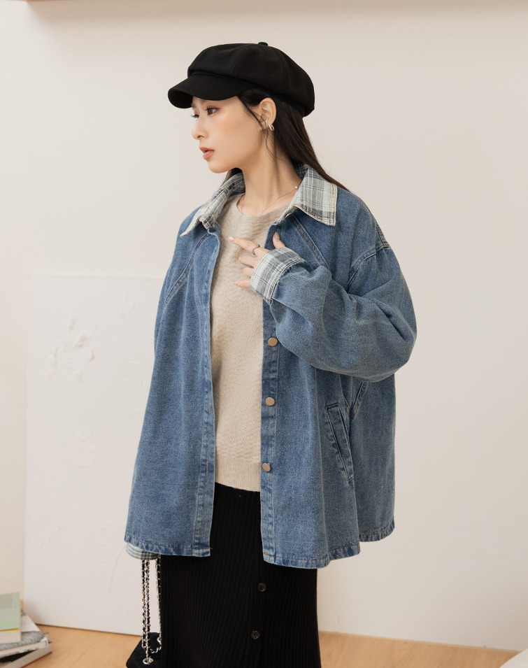 PLAID-COLLAR WASHED DENIM JACKET