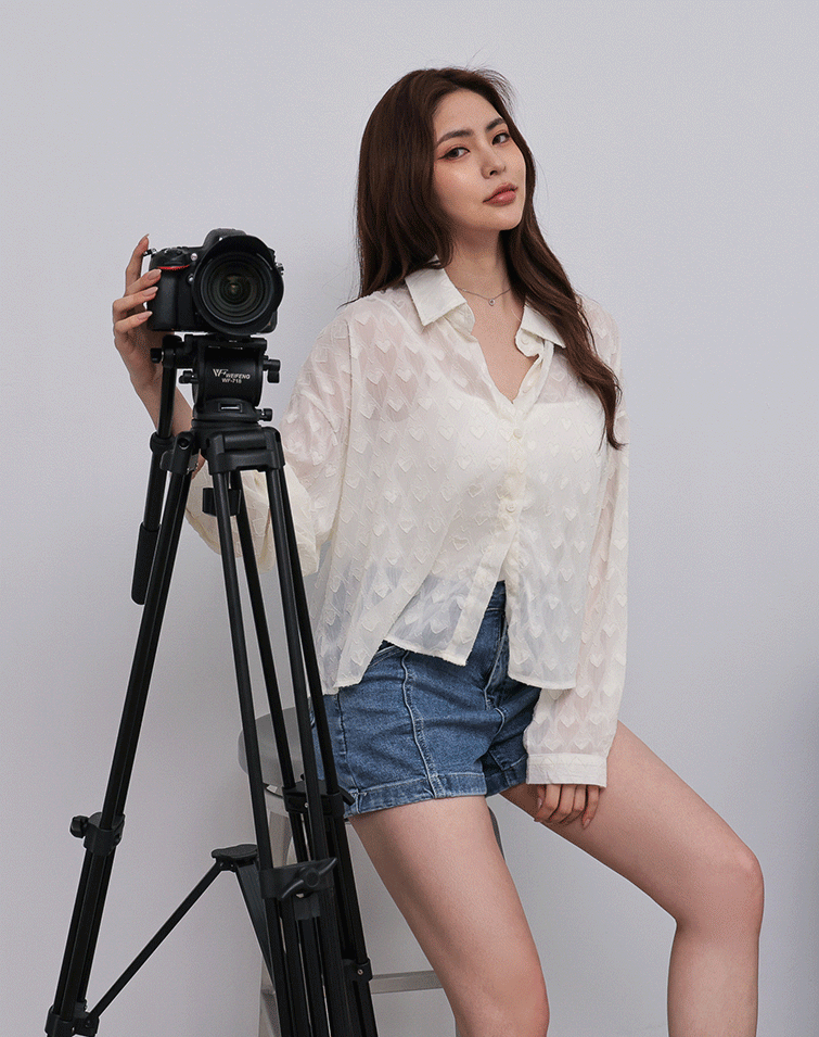 HEART JACQUARD BACK-TIE LONG SLEEVE BLOUSE
