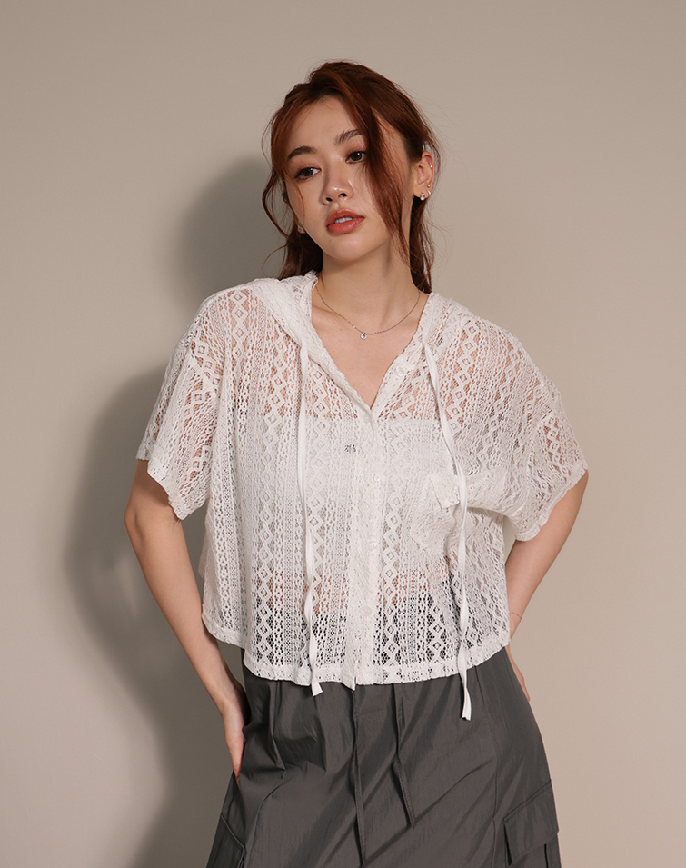 VACATION-STYLE TEXTURED HOODED SHORT-SLEEVE TOP