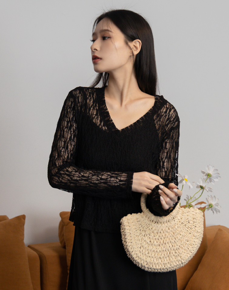 SHEER V-NECK LACE TOP