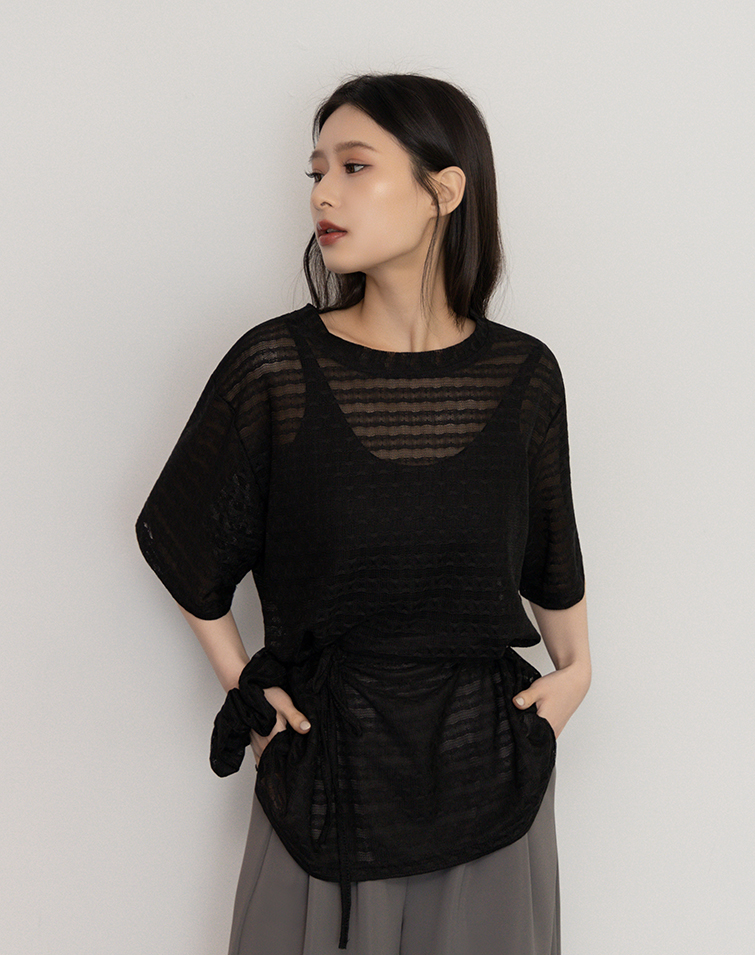 TEXTURED TIE-WAIST DENIM TOP