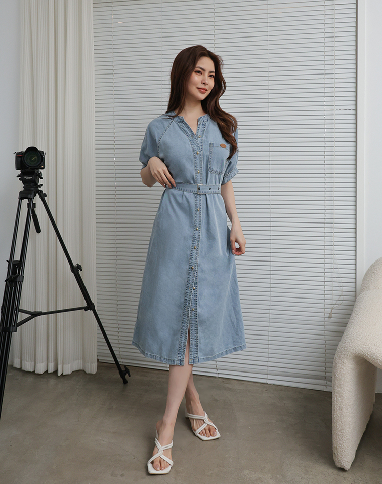DENIM DRESS WITH 3D GOLD BUTTON DETAILING