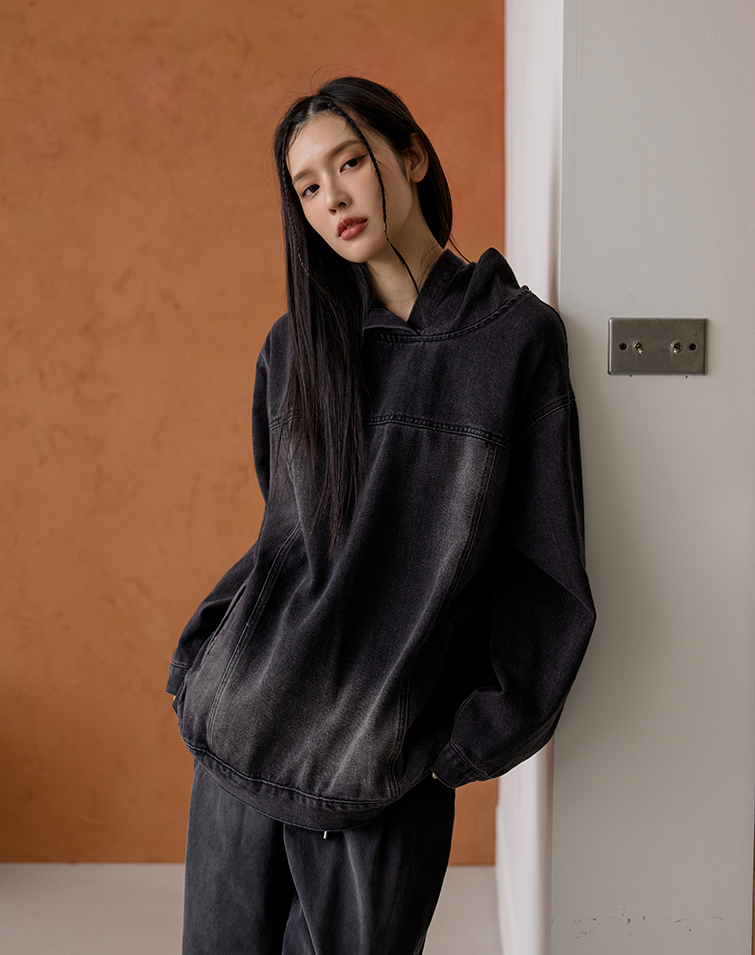 AMERICAN-STYLE LOOSE-FIT WASHED DENIM HOODED TOP