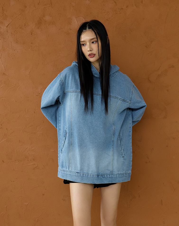 AMERICAN-STYLE LOOSE-FIT WASHED DENIM HOODED TOP