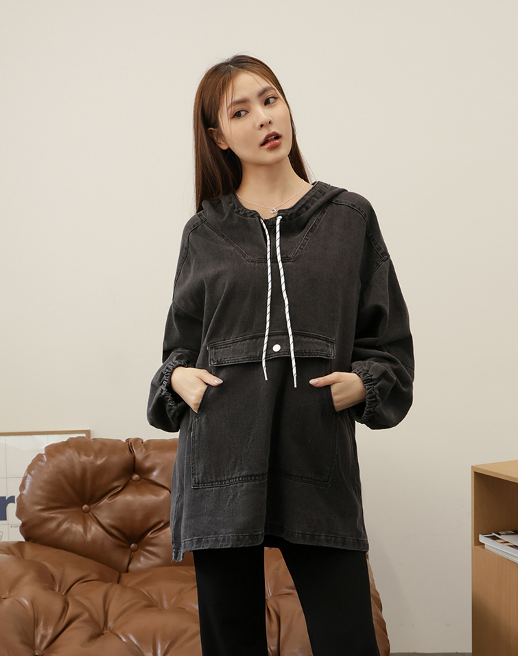 CASUAL WASHED DENIM HOODED TOP