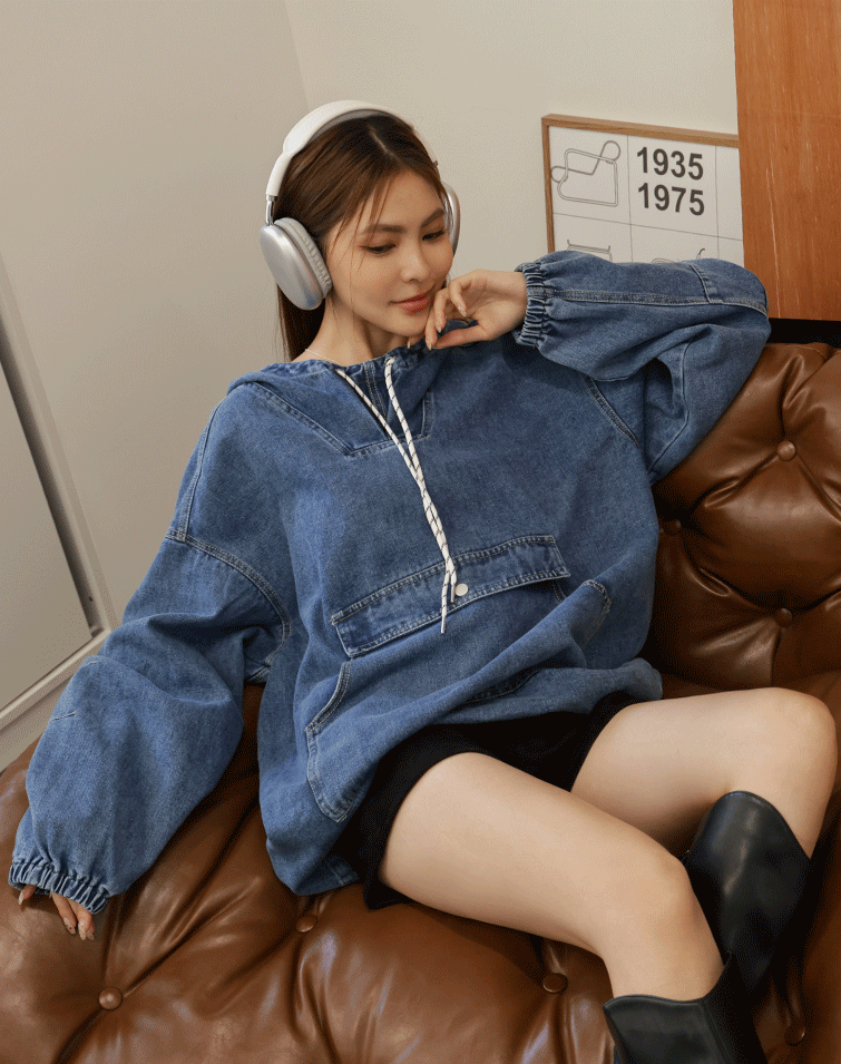 CASUAL WASHED DENIM HOODED TOP