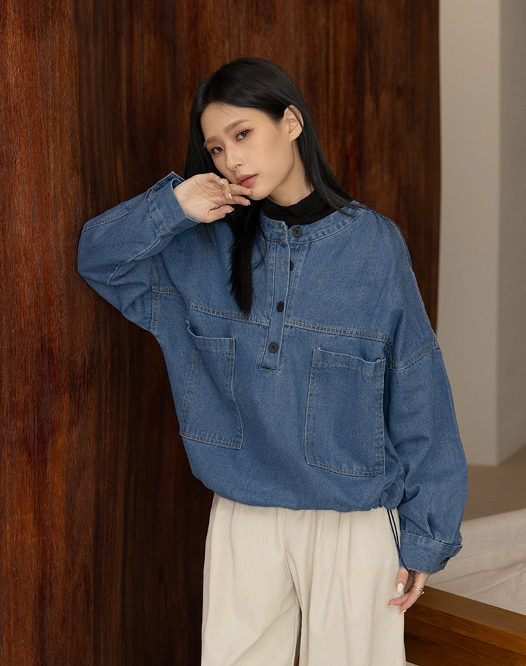 DENIM TOP WITH FRONT BUTTON & LARGE POCKETS