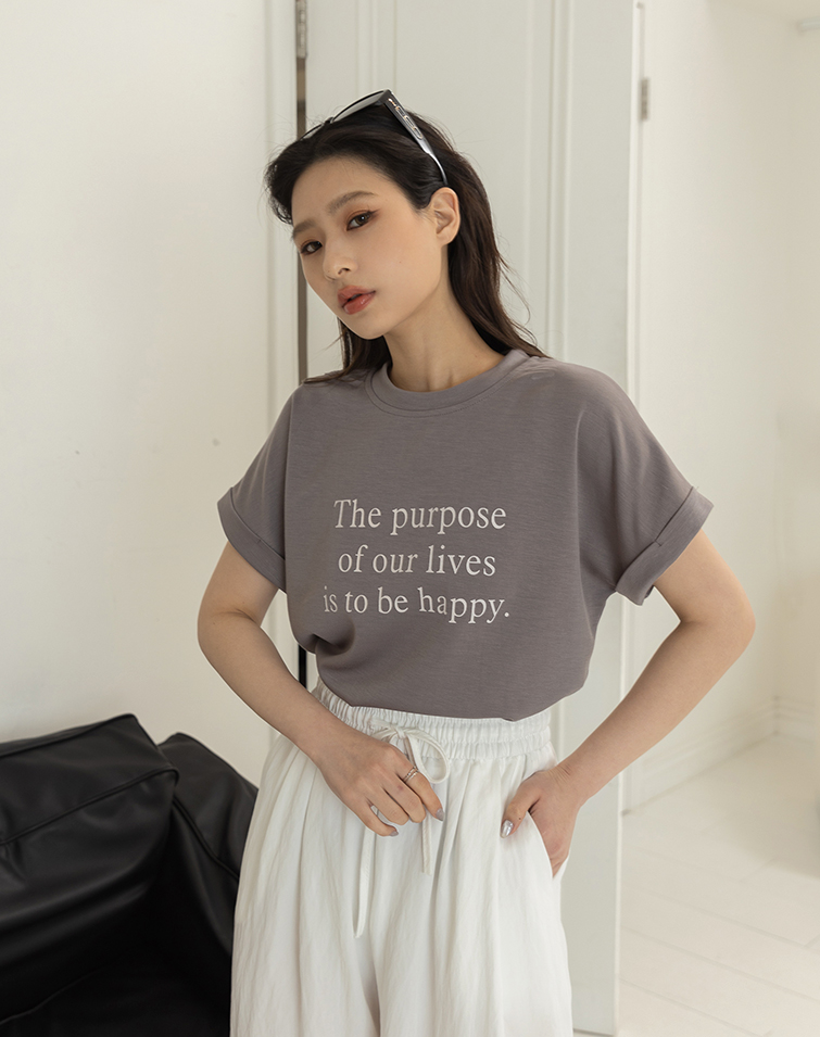 FOLDED SLEEVE LETTERING ROUND NECK TEE