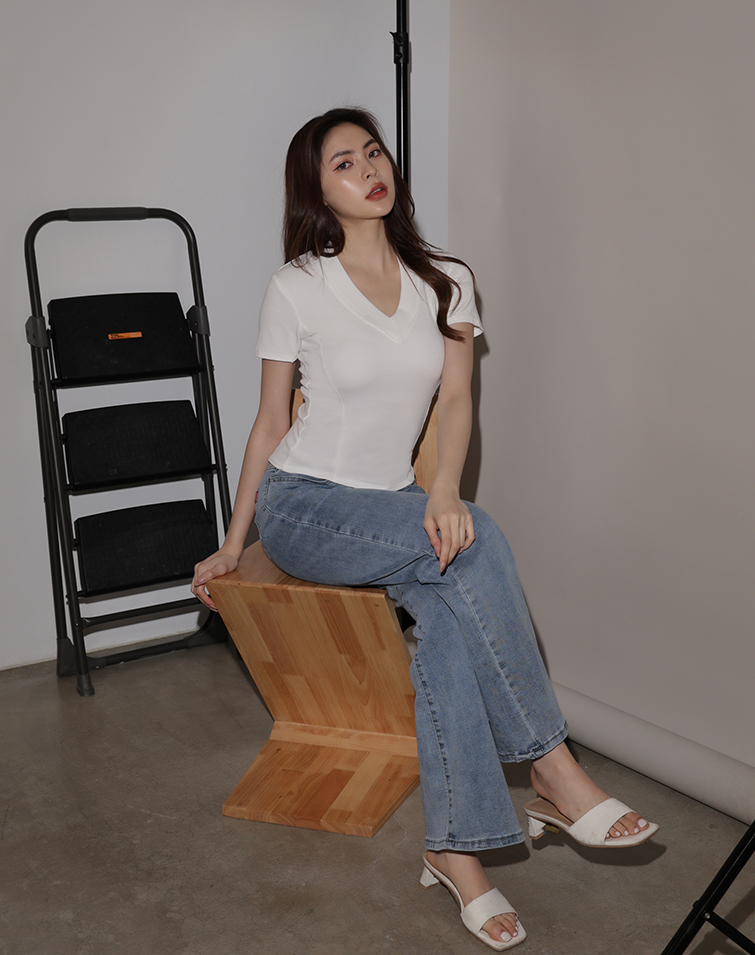 V-NECK SLIM-FIT PRINCESS SEAM SHORT-SLEEVE TOP