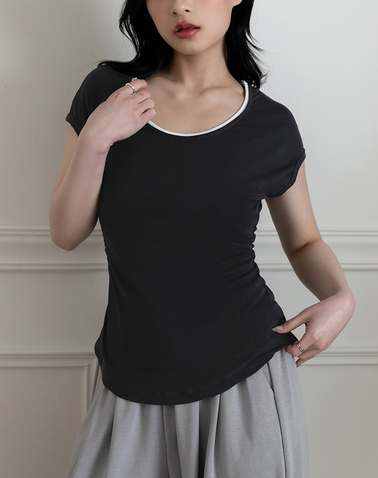 FAUX TWO-PIECE ROUND-NECK WAIST-CINCHING TOP
