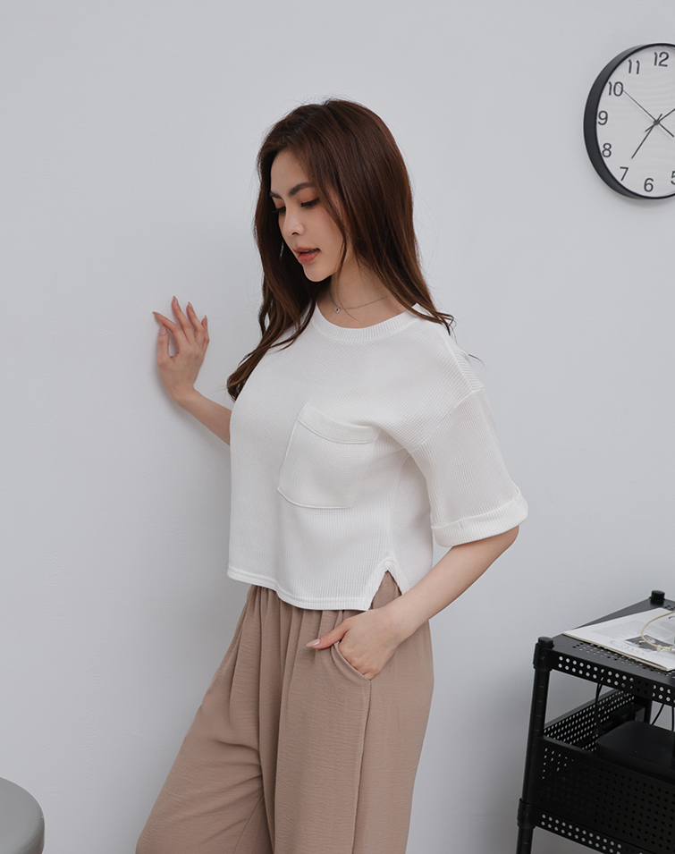 MIT WAFFLE CREW NECK CUFFED SLEEVE TOP